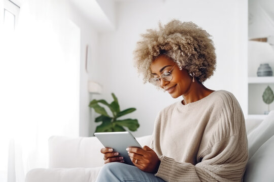 Happy Mature Black Woman Using Tablet On White Wall In Smart Home. Modern Home Innovation And Technology. Using A Mobile Tablet To Control Smart Home