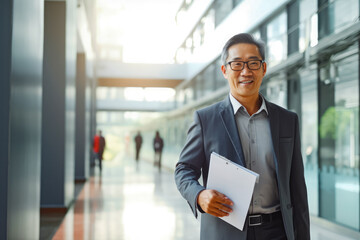 Successful mature asian man walking in business building with documents in hand. Confident chinese business man in business environment building