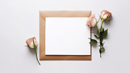 a stunning and minimalist wedding invitation in white, enhanced by a flat lay mockup with delicate rose flowers, showcasing simplicity, modernity, and ultra-realistic details.