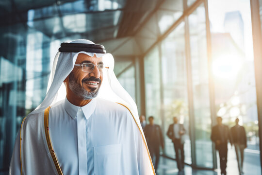 Successful Mature Arab Man Walking In Business Building With Documents In Hand. Confident Black Business Man In Business Environment Building