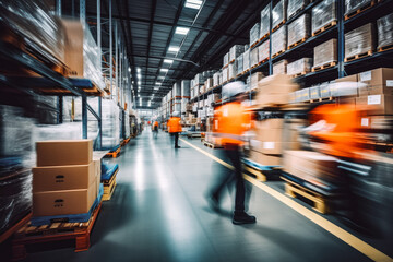 Blurred photo of warehouse employees in action moving boxes in storage. Workers in big warehouse in Orange vests and helmets moving cardboard boxes.