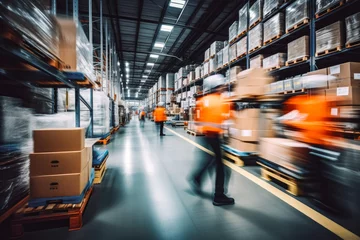 Foto op Canvas Blurred photo of warehouse employees in action moving boxes in storage. Workers in big warehouse in Orange vests and helmets moving cardboard boxes. © VisualProduction