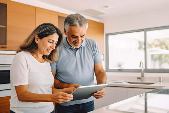 Happy Mature Hispanic Couple Using Tablet On White Wall In Smart Home. Modern Home Innovation And Technology. Using A Mobile Tablet In Smart Home.