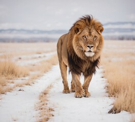 Lion Wandering in the Snow