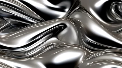 Schilderijen op glas a glossy silver metal surface with a fluid chrome mirror effect, creating an exquisite water-like backdrop. SEAMLESS PATTERN. SEAMLESS WALLPAPER. © lililia