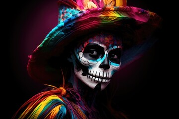 Fototapeta na wymiar Portrait of a Catrina amidst Dia de los Muertos mexican's celebration taking place on Halloween
