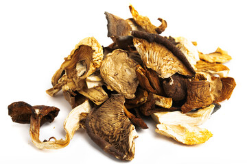 Dried mushrooms on a white background. Dried mushroom mixture isolated on white background.