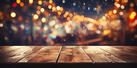 A bohemian-style wooden table placed at a vibrant music festival, where the energetic crowd of festival-goers and the dynamic stage lights create an electric atmosphere. - obrazy, fototapety, plakaty