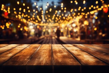 A vibrant bohemian-style wooden table situated within a lively music festival, with the energetic crowd of festival-goers and the vibrant stage lights forming an electric ambiance - obrazy, fototapety, plakaty