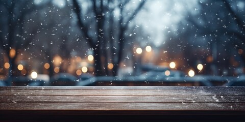 A dark wood table placed near a frosty window, offering a cozy ambiance as snow gently falls outside
