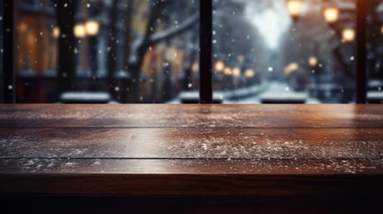 A dark wood table placed by a frosty windowpane, creating a cozy atmosphere as you watch snowfall outside in the midst of a snow-covered forest and an icy lake.