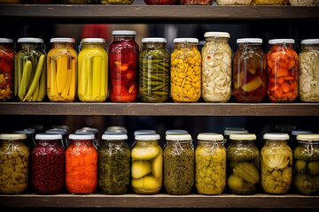 Glass jars with variety of pickled vegetables and fruits in the kitchen