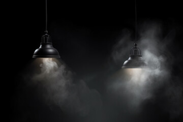  Two black hanging lamps with smoke on dark background. 3D rendering