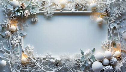 Winter beautiful frame adorned with pinecones,winter berries, eucalyptus leaves, and delicate...