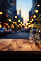 A chic wood countertop gracefully poised against a softly focused urban street scene, blending seamlessly into the soft blur of the background.