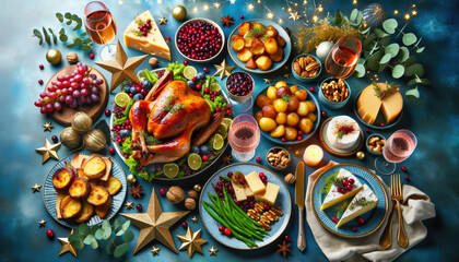 Fototapeta na wymiar Festive feast: roast turkey, vegetables dishes,cheese board and sauces.Concept of Christmas or New Year dinner.