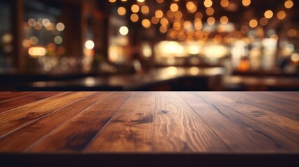 A dark wood surface exuding sophistication, gracefully merging with the blurred upscale restaurant scene, creating a serene blend with the softly blurred backdrop.