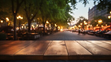 A rustic dark wood countertop setting the stage for a bustling city park, resulting in a peaceful and inviting atmosphere.