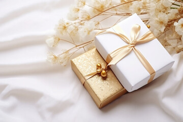 Craft gifts boxes on white background with flowers cotton branches. Generative AI
