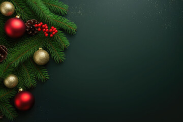 Green fir tree branch, which is decorated with red Christmas balls and other decor. Generative AI