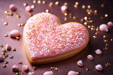 Heart shaped cookie with pink icing and heart sprinkles. Valentine's day treat. Generative AI