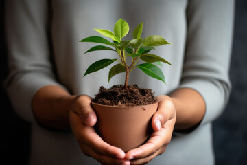 A hand holding a small potted plant. Concept of urban jungle, growing plants at home. Generative AI
