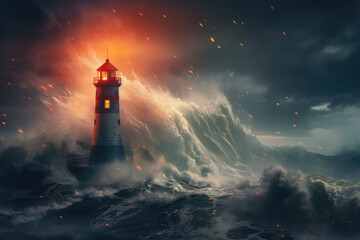 A lighthouse standing against a raging storm. Lighthouse in stormy landscape. Generative AI