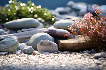 Japanese rock garden with carefully placed stones, plants and sand. Generative AI