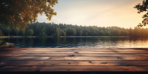 A dark wood tabletop with a touch of serenity, gracefully merging with the hazy, serene lakeside scene, offering a tranquil blend with the softly blurred backdrop.