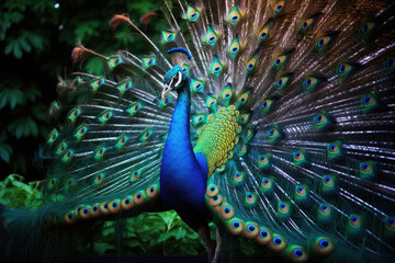 Peacock with with fully fanned aquamarine tail. Generative AI