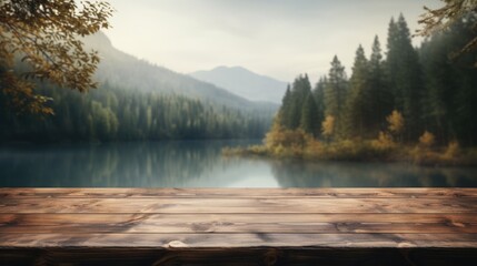 A dark wood tabletop smoothly melding with the hazy, serene lakeside backdrop, creating a seamless blend with the softly blurred surroundings.