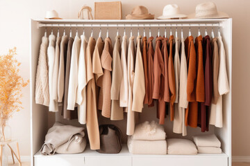 Minimalist monochromatic wardrobe. Closet filled with clothing, neatly organized. Generative AI