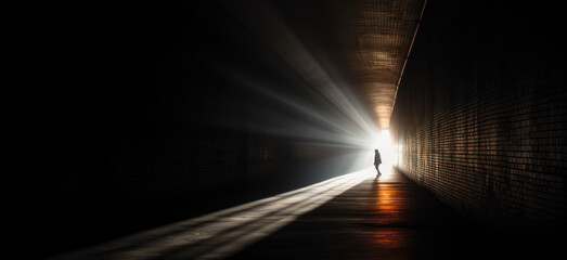 A person standing in a tunnel with sunlight streaming through the exit, Light Piercing Darkness Description, copy space - obrazy, fototapety, plakaty