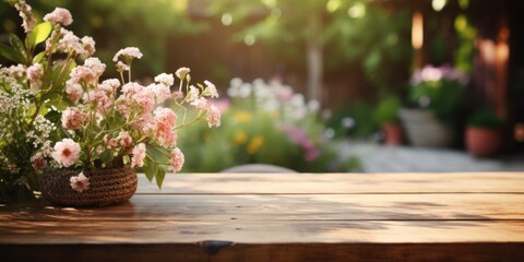 A quaint wooden table harmoniously blending with the charming cottage garden, resulting in a serene and inviting environment.