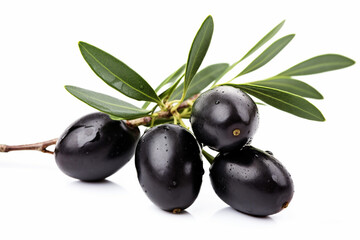 Green and black olives with leaves on a white background Isolated