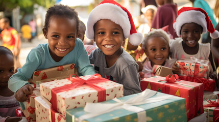Kids from the orphanage or from low-income families in poor countries enjoy gifts for christmas. Smiling happy children with presents - obrazy, fototapety, plakaty