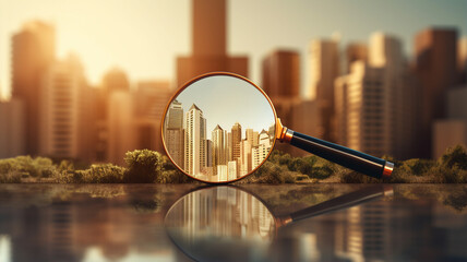 magnifying glass on the city with the view of the city - obrazy, fototapety, plakaty