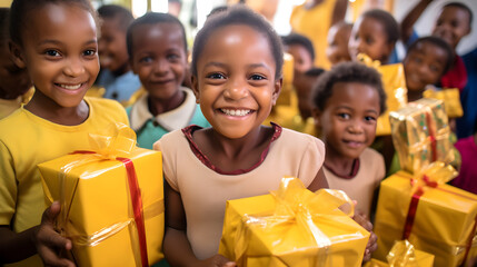 Kids from the orphanage or from low-income families in poor countries enjoy gifts for christmas. Smiling happy children with presents - obrazy, fototapety, plakaty
