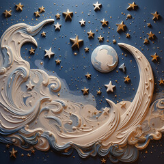 Moon and Stars Dimensional Oil Painting Nigh Sky