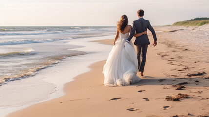 wedding couple walking on sandy beach. happy bride and groom on the sand.