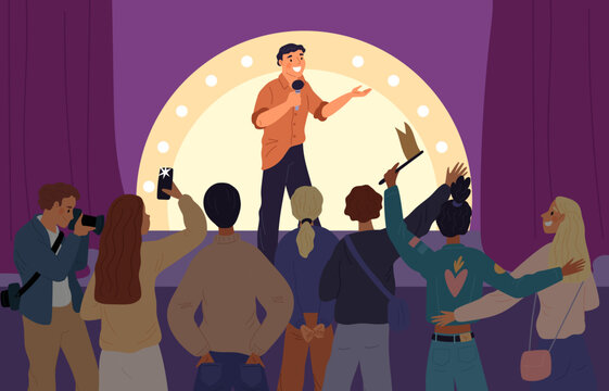 Audience support performance of favorite comedian. Stand up show. Club stage. Happy people back view. Humorous monologue. Public at comedy concert. Man performs joke. Garish vector concept