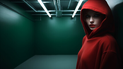 Fictitious woman in a red hoodie standing in a green industrial room AI generative