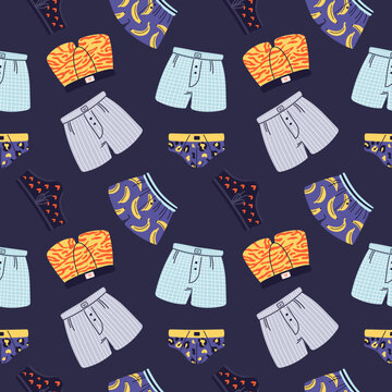 Cartoon men underwear seamless pattern. Boys undergarment. Male trunks and shorts with funny prints. Cotton underclothes. Briefs and slips. Casual underpants. Garish vector background