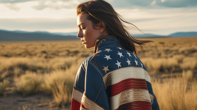 Fictitious patriotic caucasian female model wears an American flag jacket for advertising AI generative