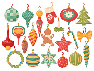 Cartoon Xmas tree toys. New Year decorations with ornaments. Different shapes of Christmas balls. Colorful glass icicles and stars. Winter holiday. Conifer wreath. Recent vector set