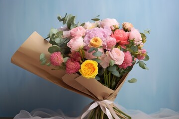 A stunning photo showcasing a bouquet of flowers adorned in delightful pastel and vivid colors, lovingly encased in elegant  paper, capturing the essence of beauty and simplicity