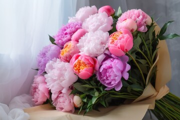 A stunning photo showcasing a bouquet of flowers adorned in delightful pastel and vivid colors, lovingly encased in elegant  paper, capturing the essence of beauty and simplicity