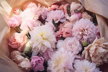 A stunning photo showcasing a bouquet of flowers adorned in delightful pastel and vivid colors, lovingly encased in elegant  paper, capturing the essence of beauty and simplicity