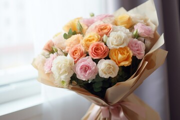 A stunning photo showcasing a bouquet of flowers adorned in delightful pastel and vivid colors, lovingly encased in elegant  paper, capturing the essence of beauty and simplicity