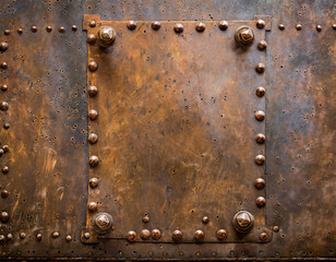 Old steampunk metal panel with rivets.Rusted metal with scratches texture.